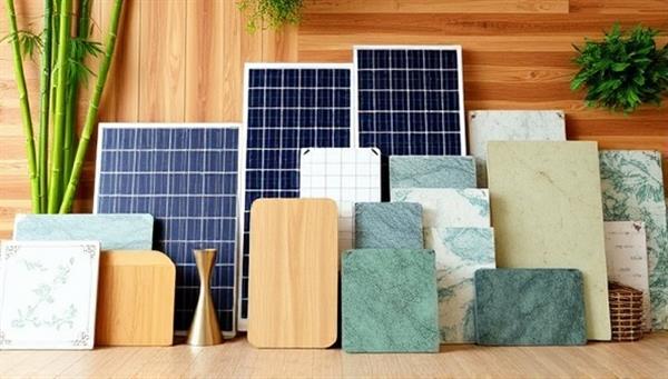 An array of sustainable building materials such as bamboo flooring, solar panels, and recycled glass countertops arranged in a visually appealing manner, highlighting the diversity and eco-friendliness of the products available on the platform.