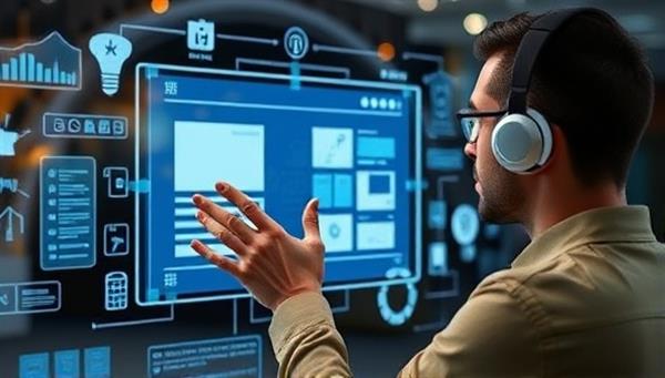 An individual using voice commands to design a website interface on a futuristic holographic display, surrounded by virtual design elements and tools, illustrating the seamless and innovative nature of the voice-activated web design tool.