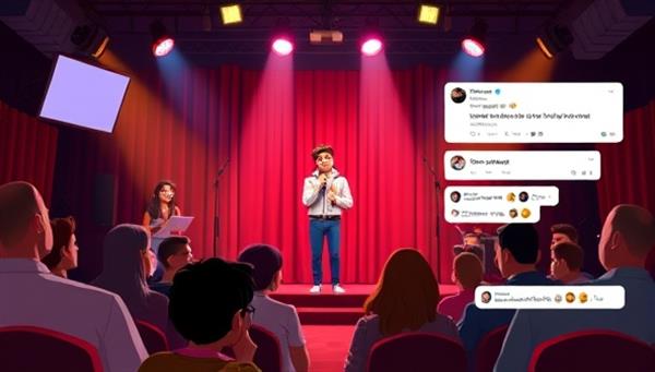 An animated virtual comedy club stage with a spotlight on a comedian delivering a hilarious performance, audience members reacting with laughter and emojis, and a lively chat section buzzing with jokes and comedic banter, capturing the essence of a vibrant and engaging online comedy club experience.
