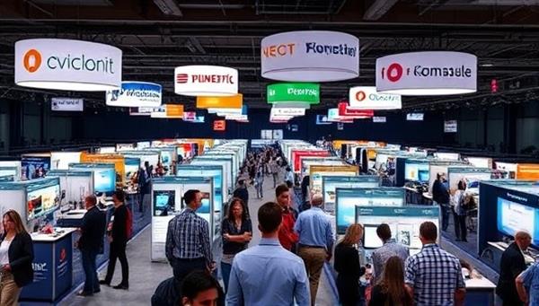 An immersive virtual event space filled with sponsor booths and interactive displays, showcasing a diverse range of sponsor logos and promotional materials, surrounded by attendees engaging with sponsors and networking virtually, capturing the essence of SponsorConnect Virtual as a hub for virtual event sponsorships.