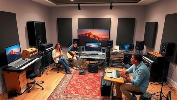 An artistic depiction of a virtual music production studio with a diverse group of participants collaborating on a digital music project, surrounded by musical instruments and recording equipment, capturing the essence of creativity and collaboration in music production.