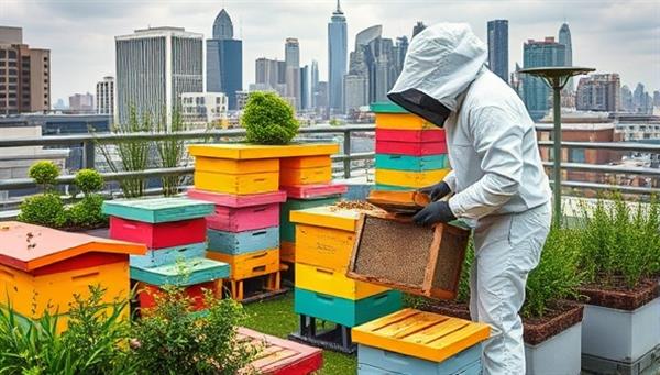 An urban rooftop garden with buzzing bees around colorful beehives, a beekeeper in protective gear demonstrating hive maintenance, and city skyline in the background, illustrating the harmony between urban life and beekeeping.