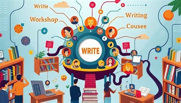 An engaging digital marketplace interface displaying a vibrant hub filled with diverse writing workshops, interactive courses, and mentor profiles, surrounded by a dynamic flow of creative energy and knowledge exchange, symbolizing growth and collaboration in the writing community.