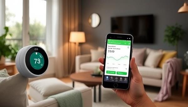 A cozy living room scene with smart devices like a smart thermostat and LED lighting, controlled by a smartphone app, displaying energy savings statistics and eco-friendly tips, creating a modern and sustainable living environment.
