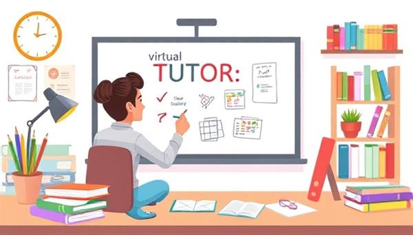 An engaging digital illustration of a virtual tutoring session, featuring a tutor and a student working on a digital whiteboard, surrounded by educational materials and interactive learning tools, conveying academic support and learning success.