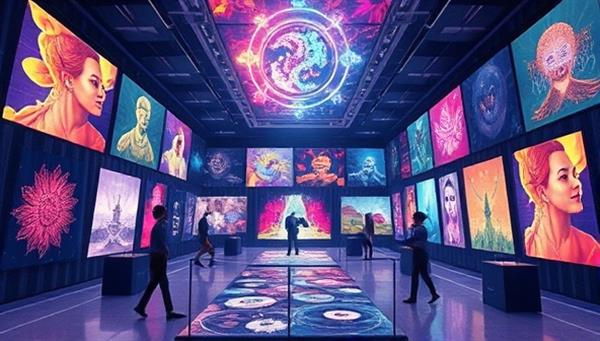 An imaginative depiction of a digital art gallery filled with vibrant NFT artworks displayed on holographic screens, with virtual avatars browsing through the collections and engaging in interactive art experiences, illustrating the futuristic and immersive nature of ArtVest