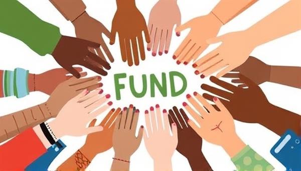 An artistic illustration of diverse hands coming together to form a fund symbol, symbolizing community support and collaboration in funding financial education initiatives, conveying the spirit of unity and empowerment through education.