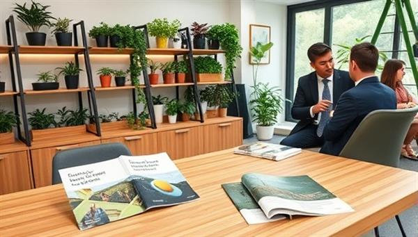 A modern and eco-friendly office space with plant-filled shelves, sustainable investment brochures on a bamboo desk, and a financial advisor discussing green investment opportunities with a client, showcasing a commitment to sustainability and ethical finance.