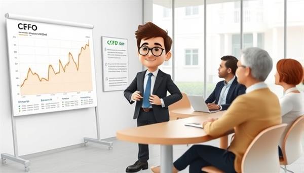 A virtual CFO character standing beside a financial chart, providing advice to a group of diverse business owners in a virtual meeting setting, symbolizing the strategic financial guidance offered by CFO-In-A-Box.