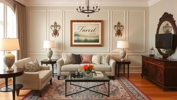 An elegant living room setting featuring personalized wall art, custom furniture, and decorative accents created by CasaCraft Creations, illustrating the charm and individuality of the bespoke home decor products.