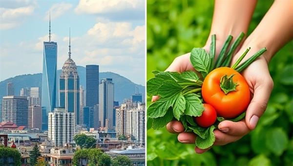 A vibrant cityscape with skyscrapers in the background and a close-up of hands holding freshly picked vegetables against a backdrop of greenery, symbolizing the blend of urban living and sustainable agriculture.