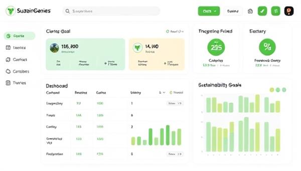 An interactive dashboard displaying personalized sustainability goals and progress trackers for clients, with green badges and achievements unlocking as users adopt more eco-friendly practices, showcasing the transformative impact of SustainGenie