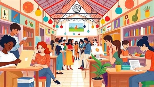 A colorful marketplace illustration showcasing diverse individuals teaching and learning various skills, such as painting, cooking, music, and coding, symbolizing a vibrant community of knowledge exchange and creativity.