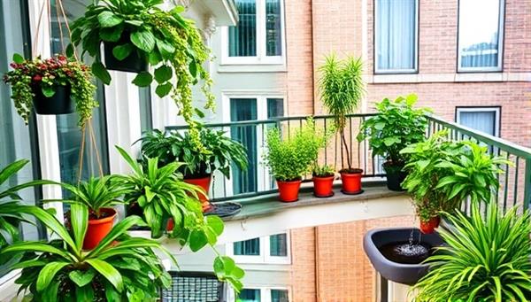 A city balcony transformed into a vibrant green oasis with hanging plants, a small fountain, and cozy seating, showcasing the potential of urban landscaping.