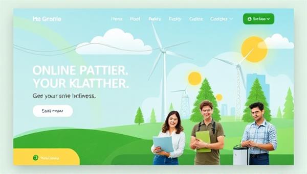 An online platform homepage featuring a modern, earth-inspired design with visuals of green initiatives, renewable energy sources, and happy employees in sustainable workplaces, conveying a message of environmental responsibility and business ethics.
