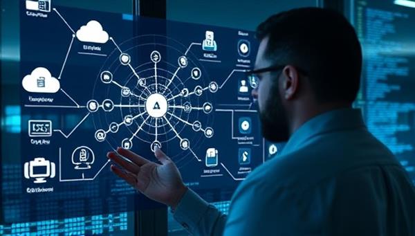 A virtual telecommunications consultant analyzing a network diagram on a digital screen, surrounded by icons representing cloud services, video conferencing, and secure data transmission, showcasing expertise in remote communication solutions.