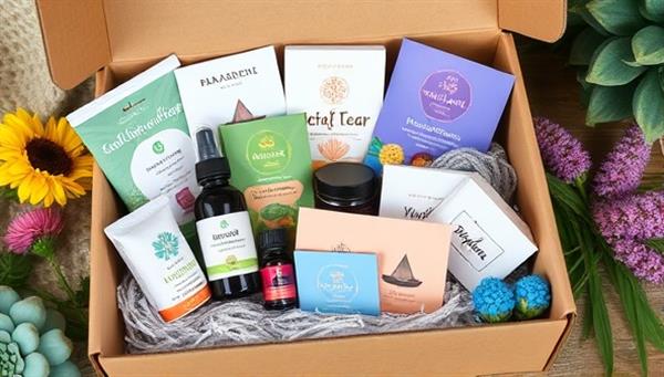 An aesthetically pleasing and colorful wellness box filled with various wellness products such as herbal teas, essential oils, yoga accessories, and motivational cards, creating a visual feast for self-care enthusiasts.