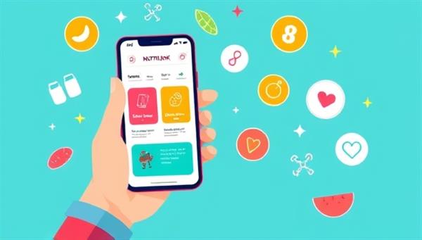 A vibrant digital illustration of a person using a smartphone to access the NutriLink platform, showing colorful meal plans and fitness tips, surrounded by icons representing health and nutrition.