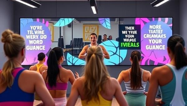 A diverse group of individuals participating in a virtual fitness class led by an energetic coach, with digital fitness trackers and motivational quotes displayed on the screen, illustrating a dynamic and interactive workout experience.