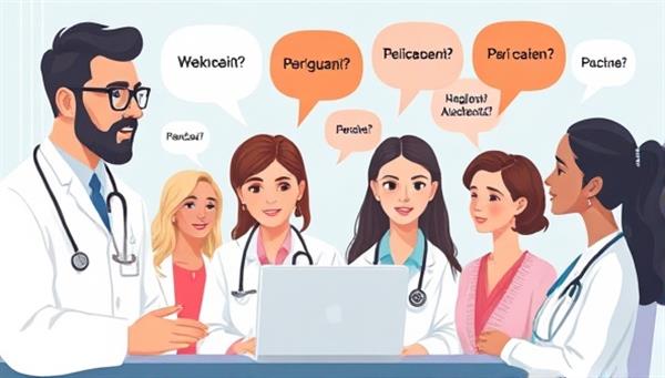 An illustration of a diverse group of healthcare professionals and patients engaging in a telehealth consultation, with speech bubbles in various languages symbolizing effective communication and understanding.