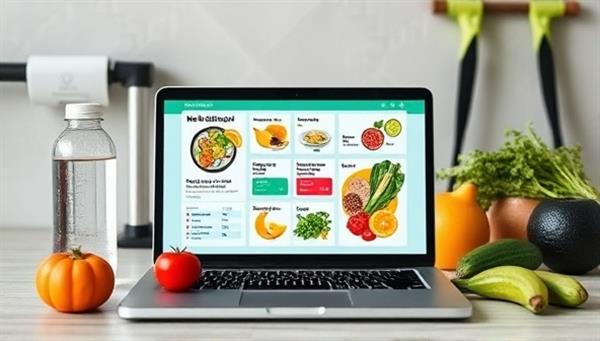 A virtual nutrition consultation setup with a laptop displaying a colorful meal plan, fresh fruits and vegetables, a water bottle, and fitness equipment in the background, conveying a healthy and balanced lifestyle approach to nutrition.