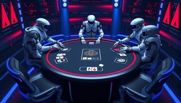 A futuristic representation of a digital poker table with AI avatars coaching players in real-time, analyzing hands, and providing strategic advice, blending the traditional poker setting with cutting-edge AI technology in AI Poker Pro.