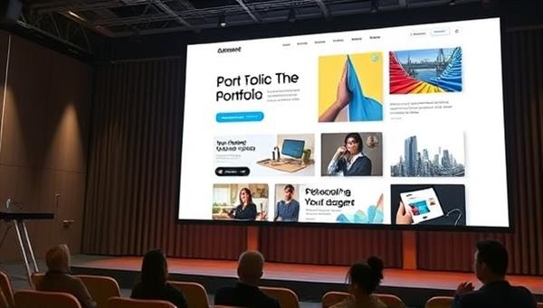 An engaging and modern portfolio website design displayed on a large screen, featuring interactive elements, animations, and diverse project showcases, inspiring creativity and professionalism among budding designers using the platform.
