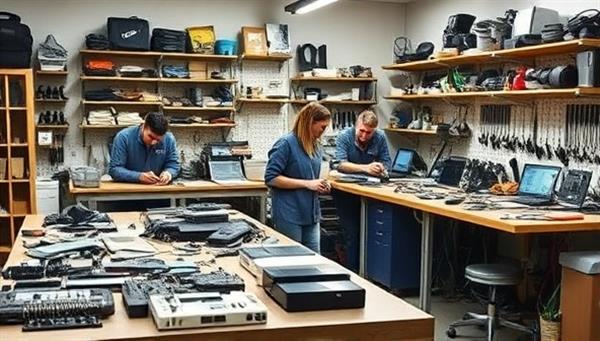 A tech workshop setting with repair experts working on disassembled devices, shelves stocked with spare parts and tools, and a display of upcycled gadgets showcasing creative designs and innovative tech solutions, embodying a blend of tech expertise and sustainability practices.