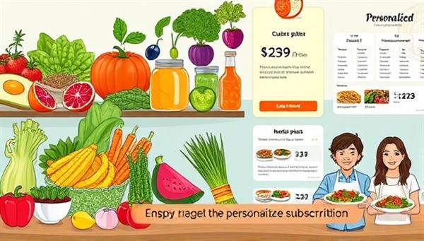 A colorful graphic representation showcasing a variety of fresh ingredients, meal options, and personalized nutrition plans, with happy subscribers enjoying their customized meals, conveying the diversity and value of the personalized nutrition subscription service.
