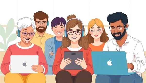 An illustration of a diverse group of people of different ages and backgrounds, each interacting with a different tech device (e.g., laptop, smartphone, smart home assistant) while receiving remote tech support assistance, showcasing inclusivity and accessibility.
