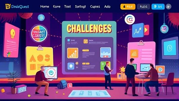 An illustration of a vibrant and dynamic game interface displaying design challenges, rewards, and creative elements, with users interacting with the platform in a fun and immersive way, capturing the essence of DesignQuest