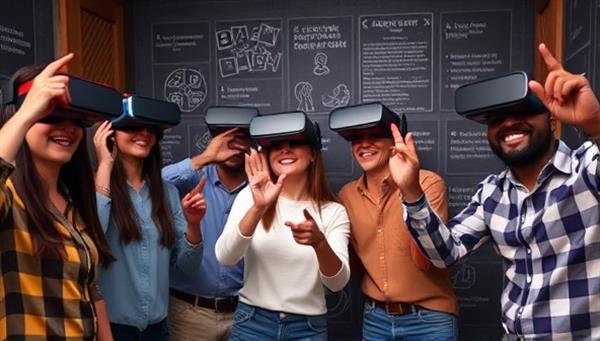 An exciting visual of a diverse group of friends wearing VR headsets, laughing and pointing as they navigate through a virtual escape room filled with intricate puzzles and mysterious clues.