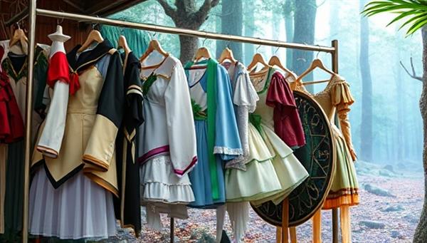 An enchanting display of intricately designed cosplay costumes hanging on a rack, accessorized with elaborate props and themed backdrops, set against a backdrop of a mystical forest or otherworldly setting, invoking a sense of fantasy and transformation.