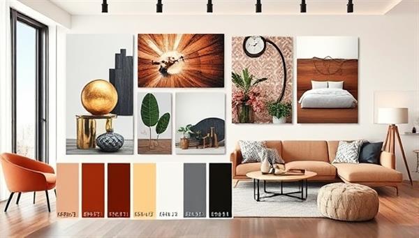 A digital mood board displaying various interior design elements such as color swatches, furniture pieces, and decor items, set against a modern, chic backdrop to evoke a sense of style and sophistication.