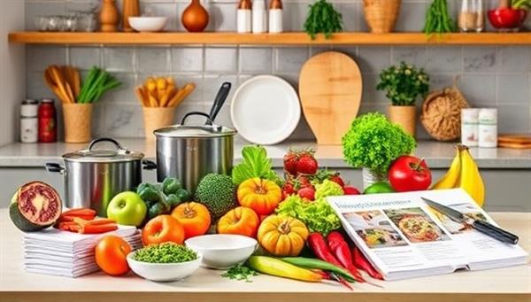 An appetizing kitchen scene with vibrant plant-based ingredients, cookware, and recipe cards neatly arranged on a countertop, inviting subscribers to embark on a culinary journey of healthy and sustainable cooking with GreenPlates Express meal kits.