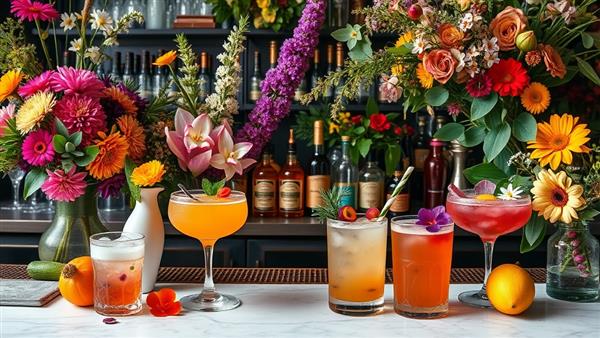 A visually stunning image of a botanical cocktail bar setup with colorful floral arrangements, exotic botanicals, and artistically crafted cocktails garnished with edible flowers and herbs, evoking a sense of elegance and botanical alchemy in mixology.