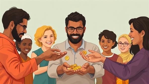 An illustration of diverse individuals exchanging small coins symbolizing micro-investments, fostering a sense of community and collaboration in wealth-building.