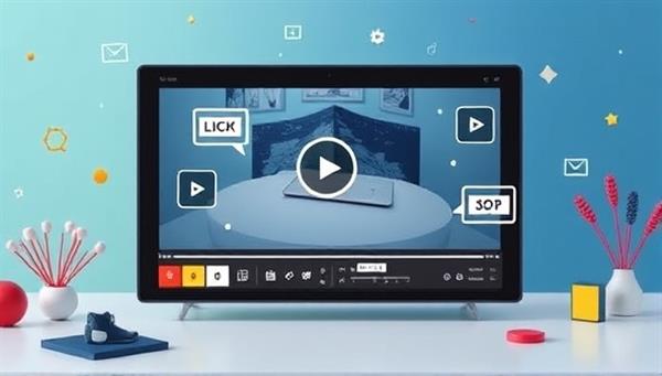 An interactive video player interface displaying a product demo with clickable hotspots and engaging animations, surrounded by video editing tools and creative elements, illustrating the interactive and dynamic nature of the platform for video advertising.