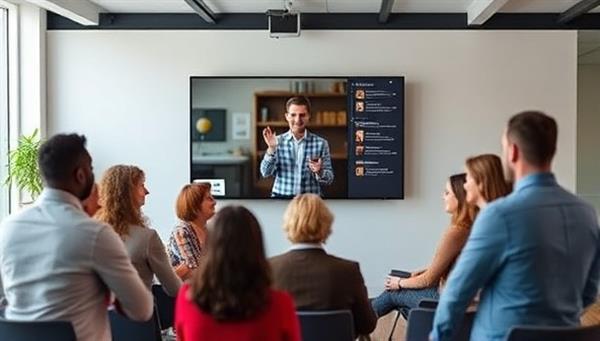 An engaging virtual workshop setting with a diverse group of participants interacting with a dynamic presenter discussing personal branding strategies on a digital screen, creating an immersive and educational experience that captures the essence of BrandU Virtual