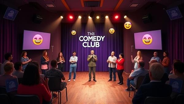 A vibrant virtual comedy club setting with a stage, spotlight, and a diverse lineup of comedians performing to a digital audience, laughter emojis floating in the chat, and virtual applause creating a fun and interactive comedy experience.