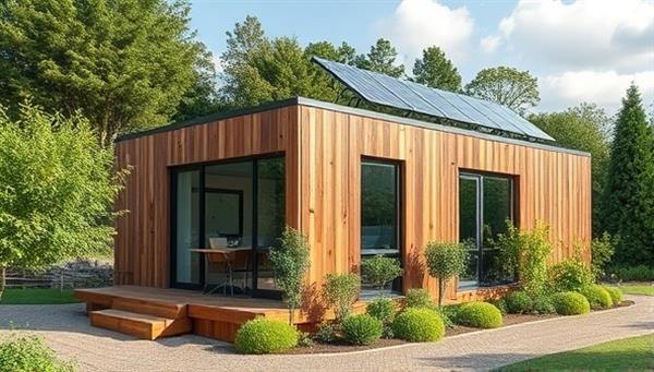 A sleek, modern modular building made entirely of recycled materials, surrounded by lush greenery and solar panels, symbolizing innovation and sustainability in construction.