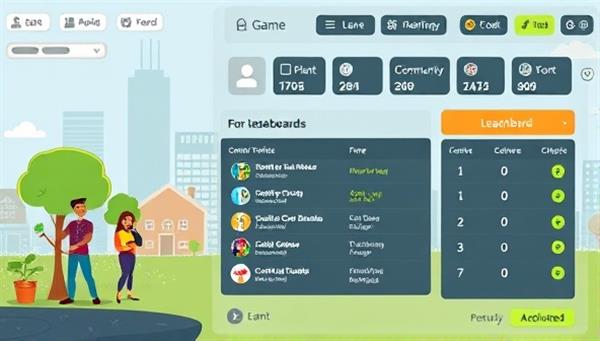 An interactive game interface featuring avatars engaging in civic activities such as planting trees, attending community meetings, and volunteering, with a leaderboard displaying top contributors and achievers, creating a fun and motivating environment for civic participation on EngageQuest.