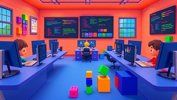 A vibrant virtual coding lab with animated characters coding on computers, colorful coding blocks and puzzles, and a playful learning environment that sparks creativity and logical thinking in kids, illustrating the engaging nature of the online coding bootcamp.