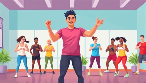 A vibrant digital illustration of a virtual fitness coach leading an energetic workout session with diverse participants, showcasing inclusivity and motivation.