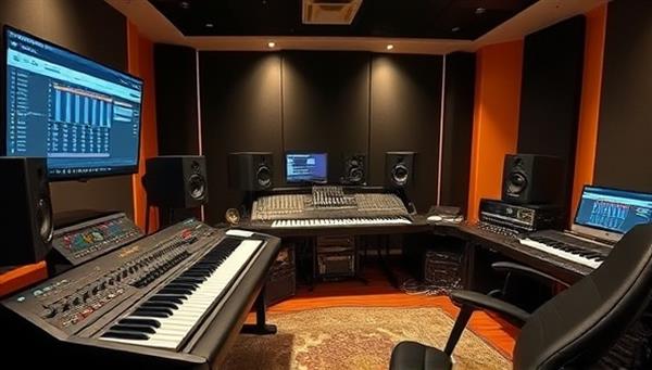 An immersive virtual music studio environment featuring a digital audio workstation interface, professional studio equipment, and virtual mentorship sessions with music producers and instructors guiding students through music production techniques and creative processes, inspiring creativity and skill development.