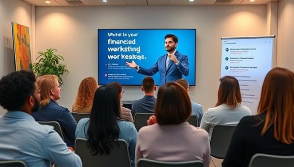 An engaging webinar scene with a diverse group of professionals attending a virtual financial workshop, a charismatic speaker delivering insights on a large screen, interactive polls and Q&A sessions, and digital resources shared on the side, fostering an interactive and educational atmosphere.