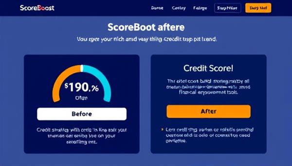 A visually engaging representation of the ScoreBoost platform interface, showcasing a before-and-after comparison of a credit score, with positive progress indicators and motivational messages, alongside educational content on credit building strategies and financial empowerment tools, evoking a sense of achievement and progress for users.