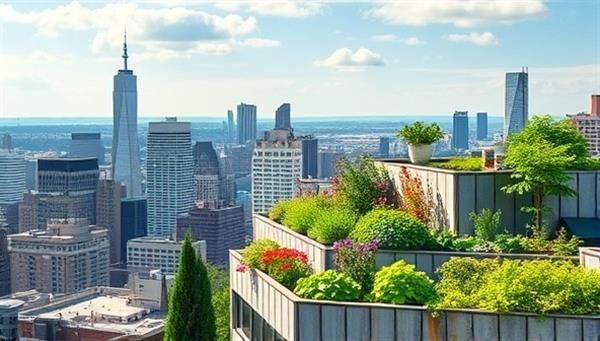 An urban skyline with a building featuring a vibrant rooftop garden filled with lush greenery, colorful flowers, and small vegetable plots, illustrating the concept of sustainable urban agriculture.