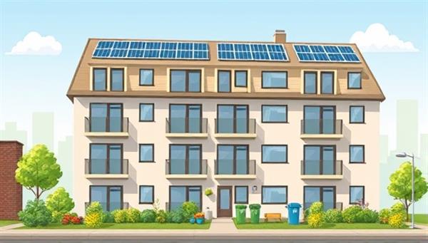 An illustration of a modern apartment building with solar panels on the roof, green landscaping, and recycling bins, symbolizing sustainability and eco-friendly property management practices.