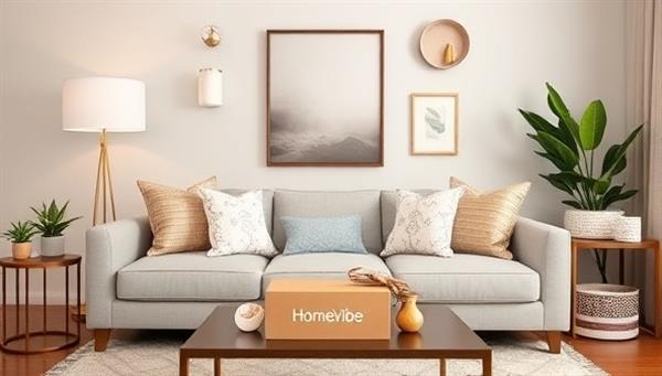 An elegant and sophisticated interior design setup featuring items from a HomeVibe Box subscription, including decorative pillows, wall art, planters, and stylish accents, creating a harmonious and welcoming living space, symbolizing the curated design experience offered by the subscription service.